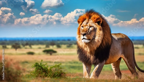 Lion in the savanna african wildlife landscape. © adobedesigner