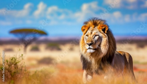 Lion in the savanna african wildlife landscape.  