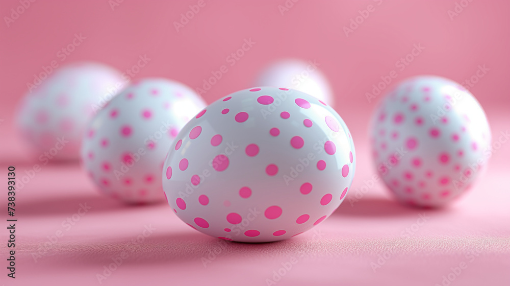 Close-Up of white Easter eggs with varying sizes of pink dots. Minimal easter concept. Easter greeting card background.