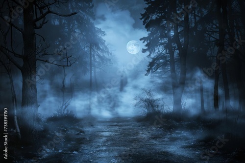 Mysterious fog rolling through a spooky forest under moonlight Casting an eerie glow on the path Perfect for a mystical or halloween-themed setting photo