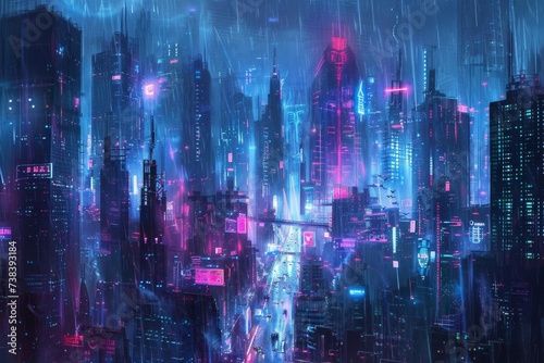 Neon cyberpunk cityscape With futuristic skyscrapers and digital rain Embodying advanced technology and urban dystopia © Jelena