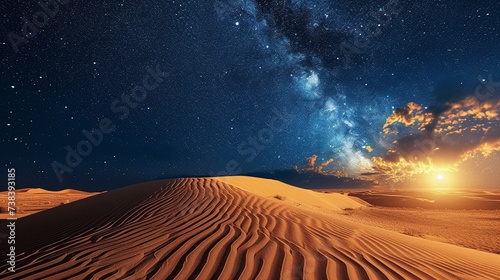 A beautiful desert at night under the starry sky photo