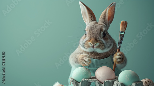Cute Easter bunny in a painter's apron, holding a paintbrush, ready to apply its artistic touch to an Easter celebration. Happy Easter banner with adorable rabbit. Easter concept. Easter artistry.