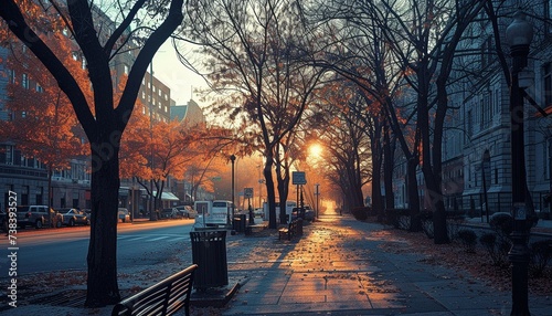 Colorful street photo of beautiful morning streets in the rays of the rising sun photo