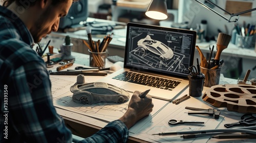 An industrial designer meticulously works on a prototype design in a workshop surrounded by various drafting tools and sketches. AIG41 photo