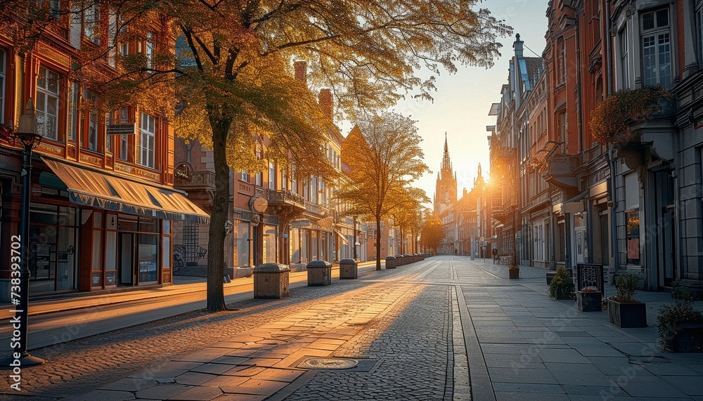 Colorful street photo of beautiful morning streets in the rays of the rising sun