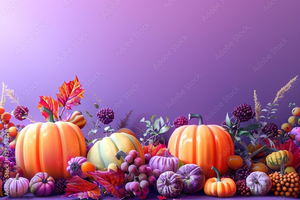 Stylish 3d rendered pumpkins and autumn fruits against a playful purple backdrop Blending modern design with traditional fall elements.