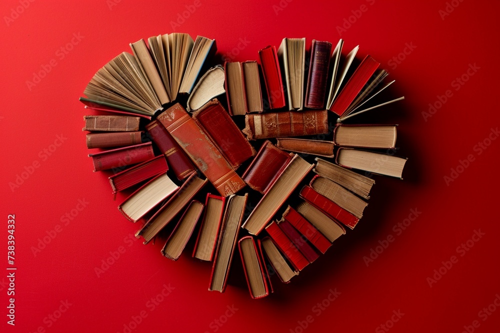 Heart Shape Made of Love story Books on Red Background. Artistic heart-shaped configuration of assorted books on a bold red background, symbolizing a passion for reading photography::10 , 8k, 8k rende