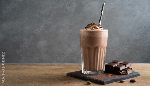 Brown wooden table top with chocolate milkshake against a grey background
