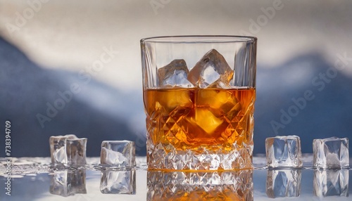 Crystal old fashioned glass with whiskey and ice cubes on white.