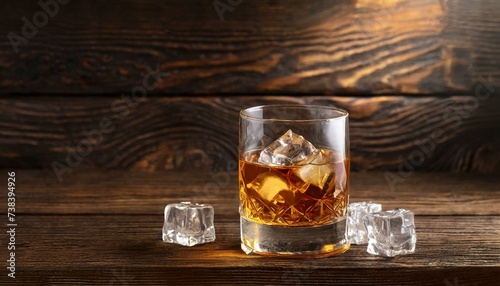 Whiskey with Ice on a Wooden Table 
