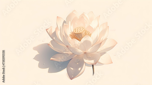 Gentle and soft illustration of a white lotus flower with visible water droplets on its petals  presented on a light beige background