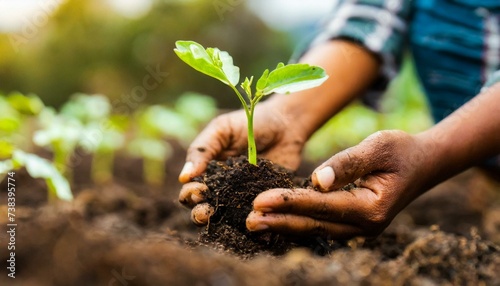 Farmer hands planting seedlings in vegetable garden. Gardening in spring. Homemade products in organic farming. Sustainable and environment protection concept.