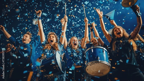 A jubilant crowd celebrates with musical instruments, smiles, and confetti in a stadium, adding to the happy atmosphere of this entertaining event. AIG41