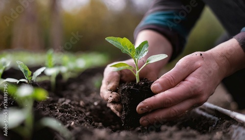 Farmer hands planting seedlings in vegetable garden. Gardening in spring. Homemade products in organic farming. Sustainable and environment protection concept