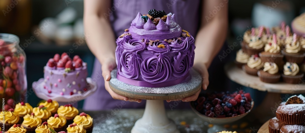 Purple decorated cake held in her hands, alongside festive treats.