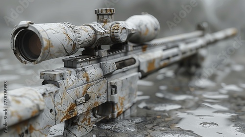 Skin of a modern rifle, decorated with white and gray camouflage, calimator sight, gray background