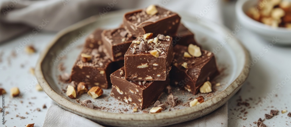 Chopped chocolate fudge with nuts on a plate. Chopped chocolate fudge with nuts on a plate.