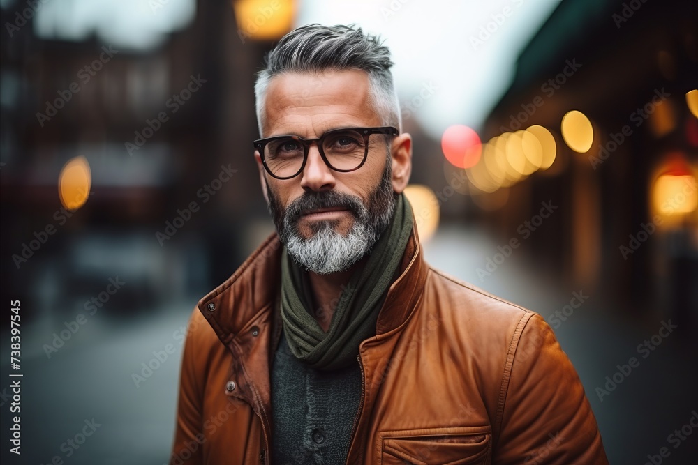 Portrait of a handsome middle-aged man with gray beard wearing glasses and a brown jacket in a city street. - obrazy, fototapety, plakaty 