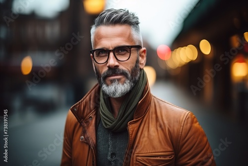 Portrait of a handsome middle-aged man with gray beard wearing glasses and a brown jacket in a city street.