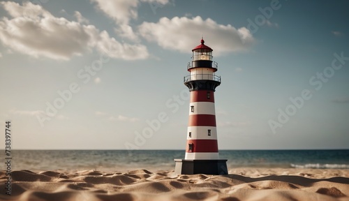 a lighthouse is standing on the beach near the ocean  Lighthouse model . Generative AI.
