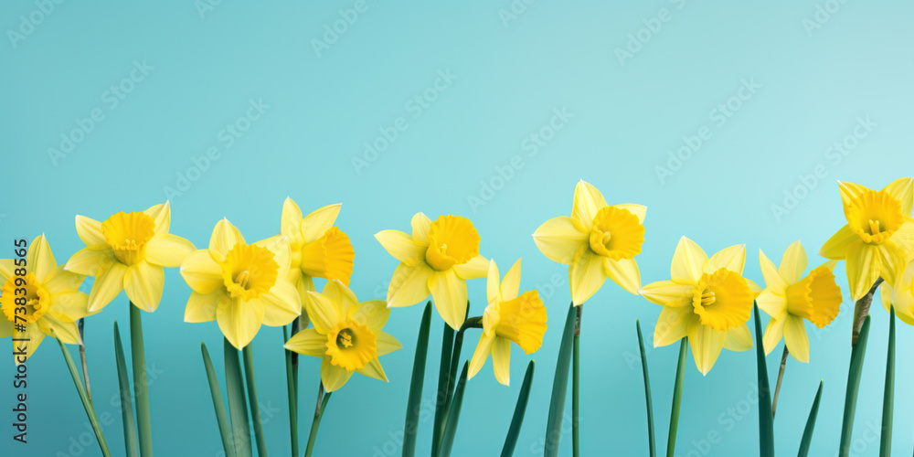 Vibrant Yellow Daffodils Against a Serene Blue Background. Springtime Bloom and Floral Beauty Concept