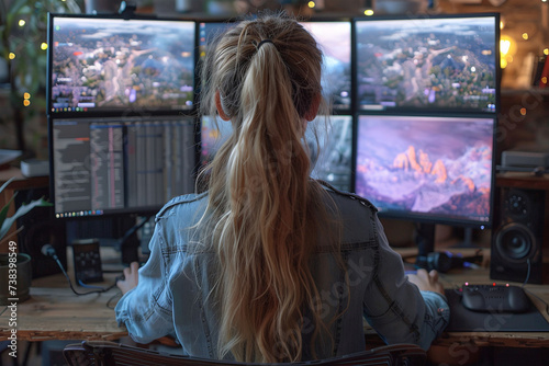 European woman, professional gamer, engaged with games on a multi-monitor computer setup.