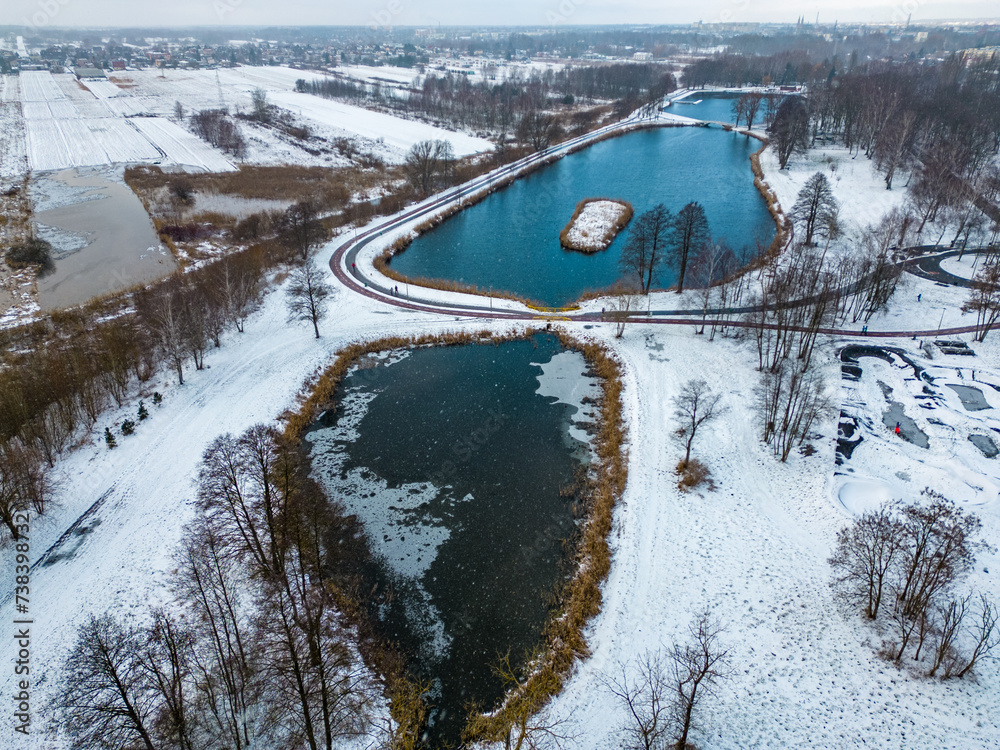 Public park called Lewityn in Pabianice City in autumn vibes- view from a drone in winter