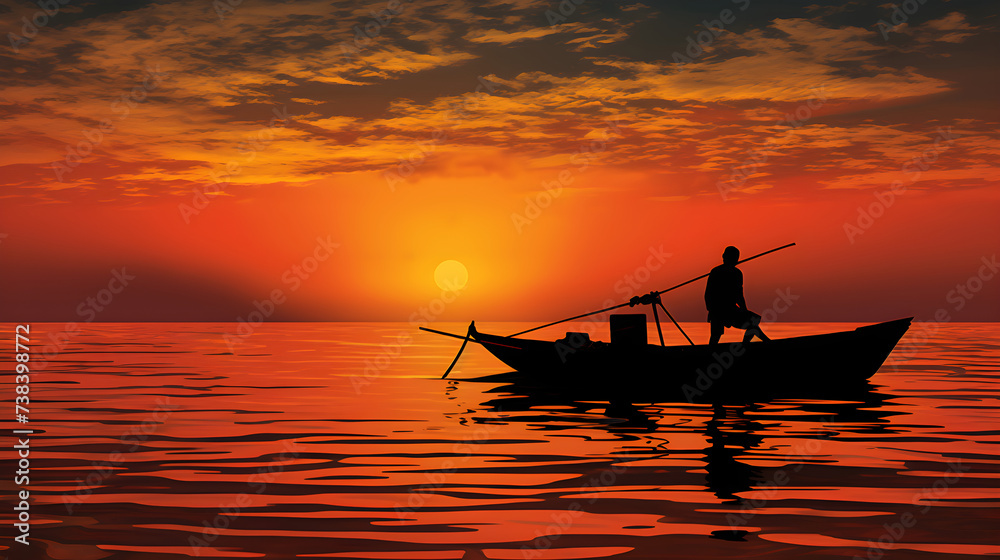 Solitary Moments: An Engaging Depiction of a Fisherman Immersed in his Craft against a Vibrant Sunset