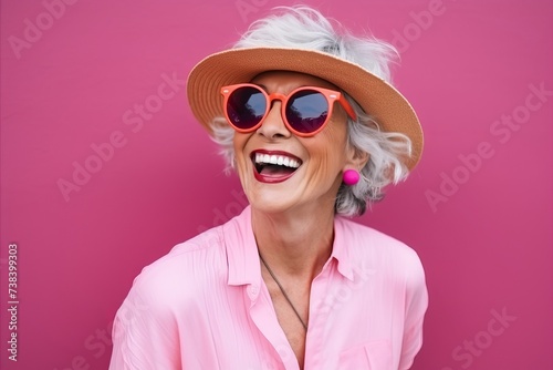 Portrait of happy senior woman in hat and sunglasses on pink background © Igor