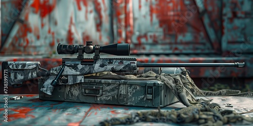 Skin of a modern rifle on a weapon box, decorated with grey and black camouflage, covered with a camouflage net, sniper optics, free space around the object, full sharpness