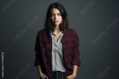 Portrait of a beautiful young brunette woman in a plaid shirt.