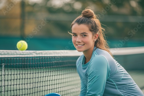 Smiling girl on tennis court