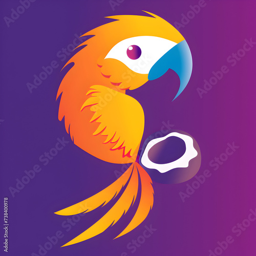 A logo illustration of an orange parrot with a coconut on purple background. Created with generative AI.