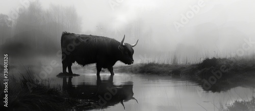 Misty morning with a black highland cow.