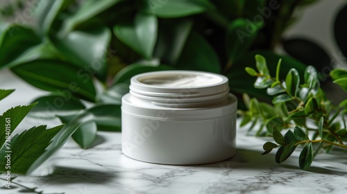 A jar of natural cosmetic face or body cream on a green leaf with drops of water. Natural, bio cosmetics from herbs and plants for skin