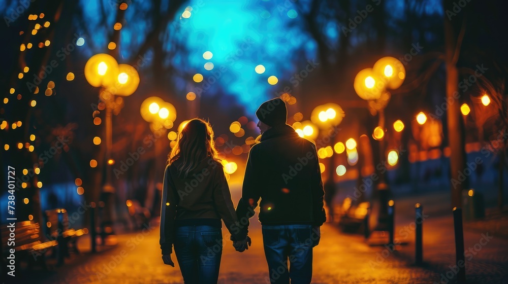 Man and woman holding hands walking in the park at night​, AI generated Image