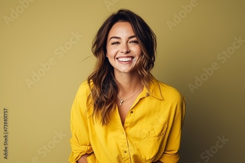 Portrait of a smiling young woman in yellow shirt on yellow background © Igor