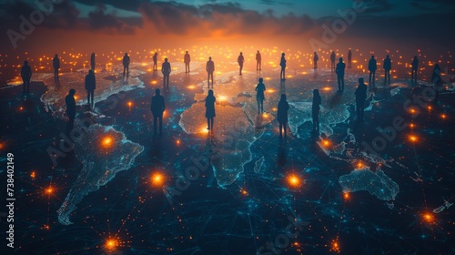 Silhouettes of people stand atop a digital map of the world, with network connections and nodes illuminating connections.