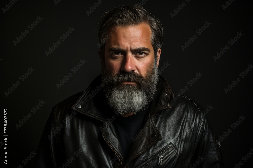 Portrait of a brutal bearded man in a leather jacket on a dark background.
