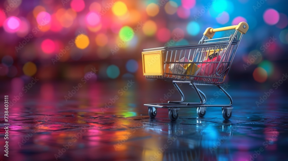 A full shopping cart. Drugstore shopping. Shopping cart on the background of colored lights