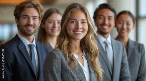 Group of five business professionals standing confidently business team in the background of the office.