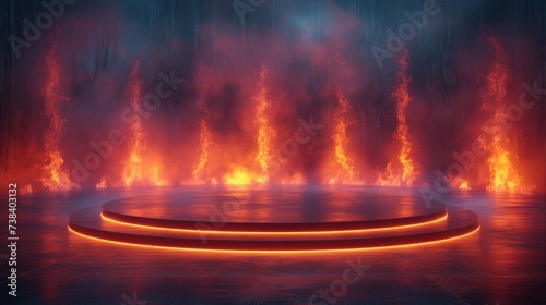 An empty circular stage glows ominously with intense flames engulfing the backdrop, creating a dramatic setting.