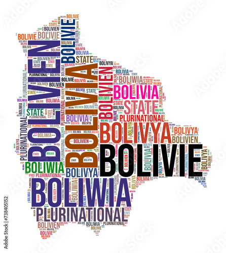 Bolivia country shape word cloud. Typography style country illustration. Bolivia image in text cloud style. Vector illustration.
