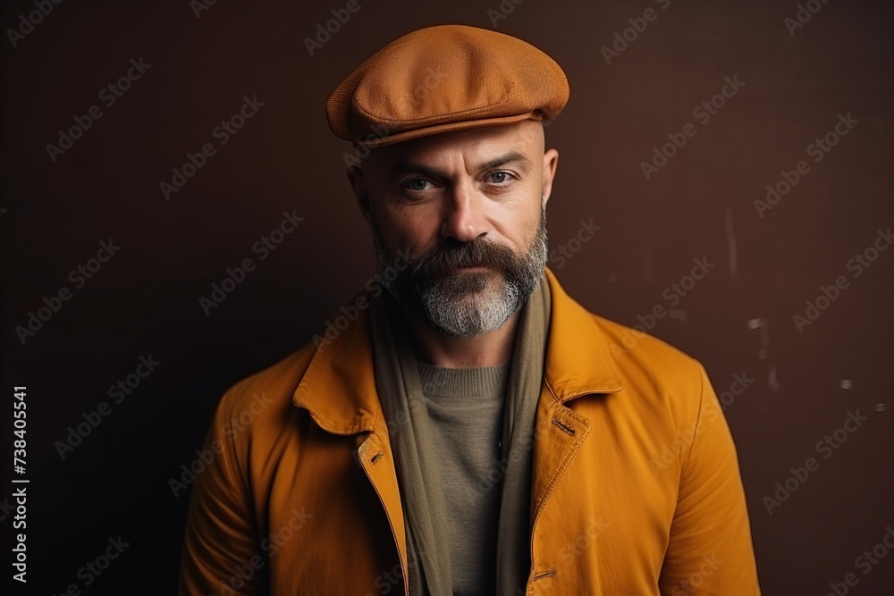 Portrait of a stylish senior man in a yellow jacket and beret