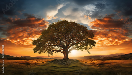a lone tree in a field at sunset, generative ai