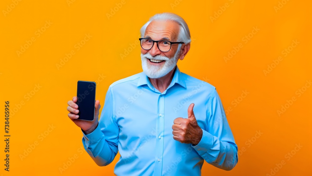 Smiling older man, Caucasian, white hair and beard with blue shirt, holding a cell phone in his right hand and pointing to it with one finger of his left hand on orange background with copy space Smiling older man, Caucasian, white hair and beard with blue shirt, holding a cell phone in his right hand and pointing to it with one finger of his left hand on orange background with copy space