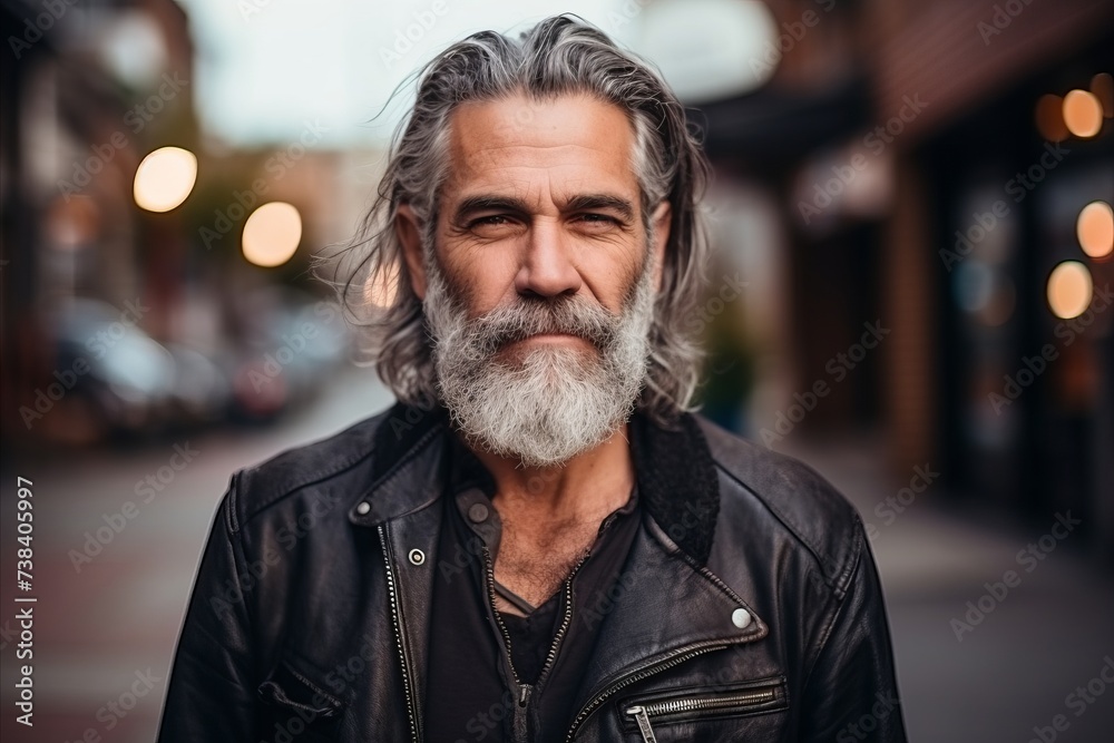 Portrait of an old man with a gray beard on a city street. Portrait of an old man with a gray beard on a city street.