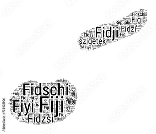 Black and white word cloud in Fiji shape. Simple typography style country illustration. Plain Fiji black text cloud on white background. Vector illustration.