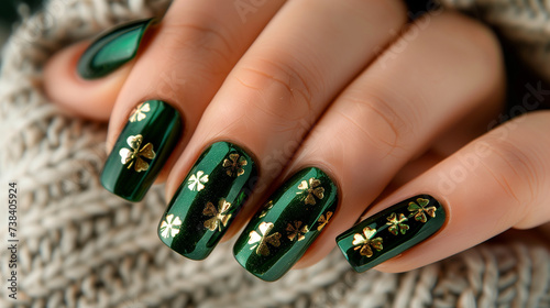 stylish green nails embellished with shimmering golden Irish trefoils